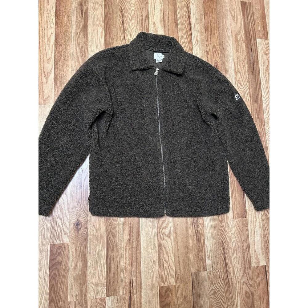 Calvin Klein Jeans Vintage Sherpa Fully Zip Dark Olive Brown Jacket Sweater M